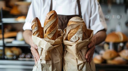 Baker holding two paper bags filled with bread