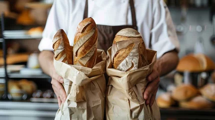 Photo sur Plexiglas Boulangerie Baker holding two paper bags filled with bread