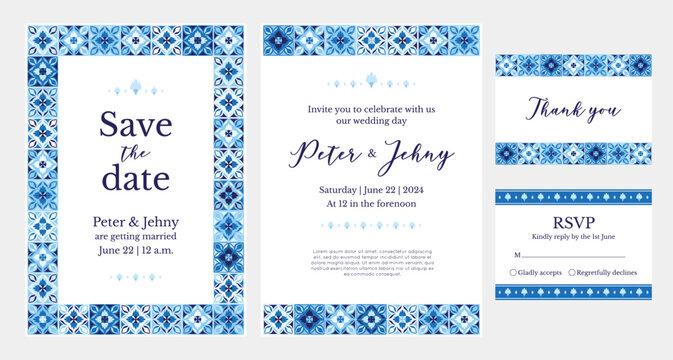 Save the date designs with ceramic tiles frames and patterns. Wedding invitation template with patchwork border. RVSP card. Vector illustration with mosaic in blue colors.
