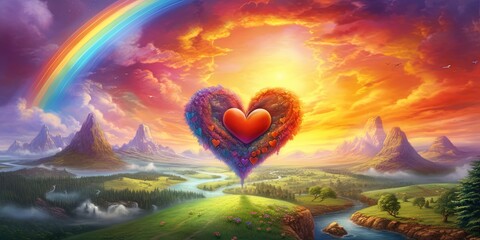 A single teddy bear hugs a heart in a blissful rainbow scene filled with love and softness - obrazy, fototapety, plakaty