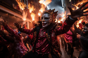 Incognito person in a festive mask celebrates amidst fiery street spectacle