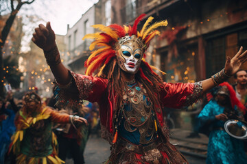 Exuberant dancer celebrates at a street carnival, wearing a colorful mask and costume