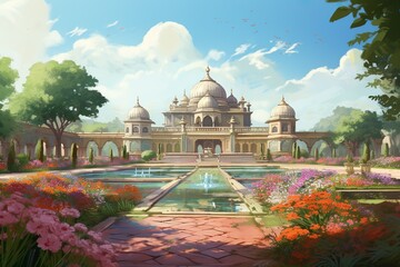 Mughal garden with flowers, plants, tree, palace illustration generative ai - 751306465