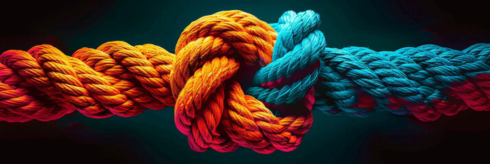  abstract knot of colorful rope on black background,Suitable for outdoor, adventure, teamwork and leadership concept designs. Colorful, strong, teamwork, adventure, outdoor, vibrant, leadership,banner