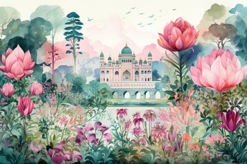 Mughal garden with flowers, plants, tree, palace illustration generative ai - 751306493