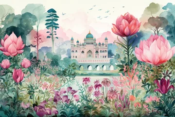 Fotobehang Mughal garden with flowers, plants, tree, palace illustration generative ai © Everilda
