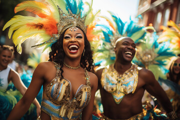 Vibrant image capturing the exuberance and colorful costumes of dancers at a street festival