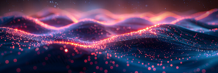 fiber optics background and lots of light spots,  Futuristic Blue Wave Particle Concept - obrazy, fototapety, plakaty