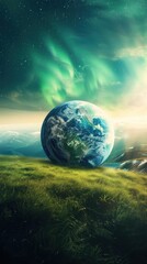 Obraz na płótnie Canvas An Earth globe in a green meadow under a vast sky with Northern Lights, a scene evoking wonder and the beauty of a protected planet, suitable for Earth Day and environmental protection campaigns.