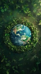 Obraz na płótnie Canvas An Earth globe encircled by a ring of green leaves, symbolizing nature's embrace, perfect for Earth Day campaigns and environmental conservation content.