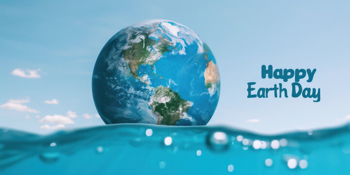 An Earth globe floating in a clean blue ocean with 'Happy Earth Day' text above the water line, an impactful visual for conservation efforts and Earth Day awareness campaigns.