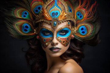 Fototapeta premium Portrait of a woman adorned with an elaborate peacock feather mask, exuding mystery and elegance