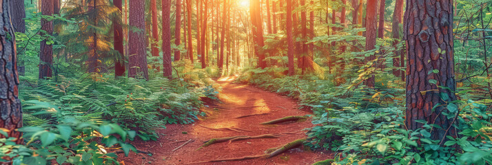 a small path in a pine forest at sunset or sunrise, background, banner nature landscape - obrazy, fototapety, plakaty