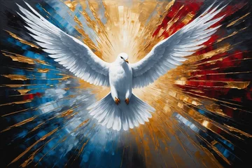 Foto op Plexiglas Ölgemälde des Heiligen Geistes als Taube, Gold, Schwarz, Blau, Rot und Grau. © Juergen Baur