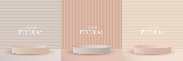 Set of vector round background podiums for displaying various products. Podium background for marketing presentations, product trading cards design.