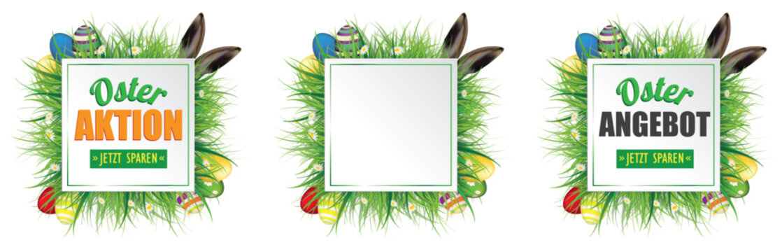 Osterangebote Etiketten mit Gras, Ostereiern und Hasenohren