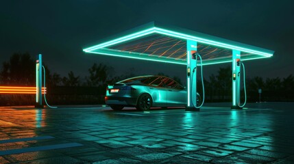 EV charging station for electric cars in green energy and eco-energy concept. Neon lights.