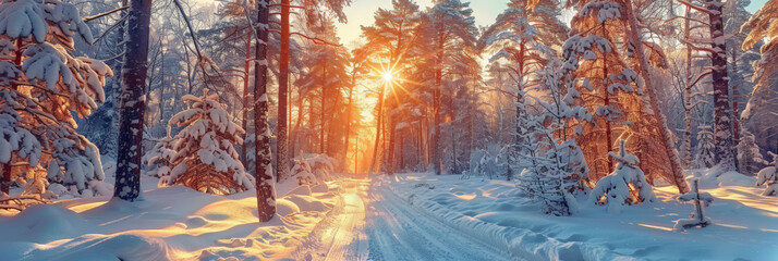 Winter forest with snow and sun, winter road with sunlight on the snowy forest  at sunset or sunrise, for seasonal designs, holiday backgrounds, and outdoorthemed visuals for various projects.,banner