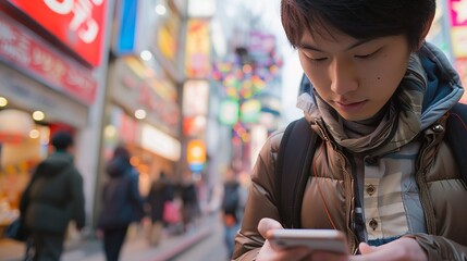Young asian man use translations app for intercultural communication. View of woman holding smartphone at street. - obrazy, fototapety, plakaty