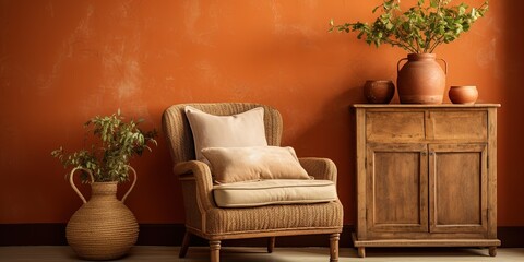 This warm, earthy room with its inviting armchair and tasteful vases offers a cozy and comfortable atmosphere for relaxation and design