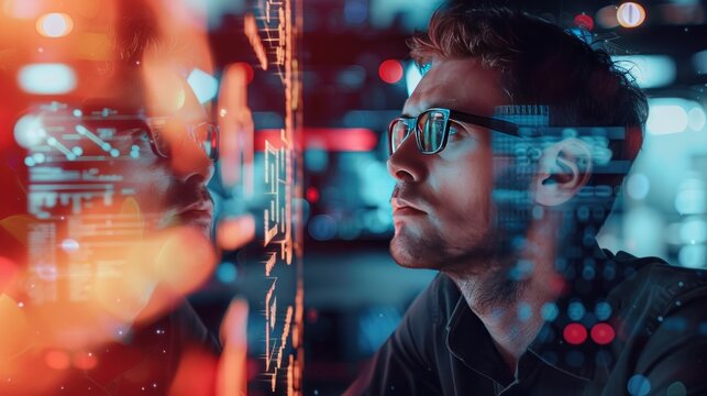 Business concept. Technology. Young entrepreneur working on a futuristic virtual screen and seeing the inscription: Neon lights.