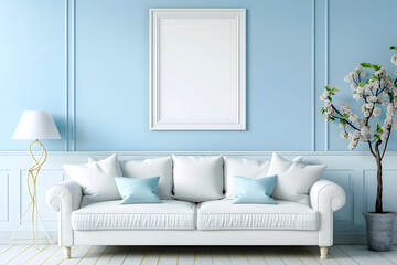 A tall rectangle shape photo frame with empty white fill mockup in light blue home wall with interiors