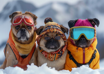Paws and snowflakes! Three adorable pugs, decked out in winter gear, sit gracefully in the snowy wonderland. This trio is a festive feast for the eyes, blending canine cuteness with chilly charm. 