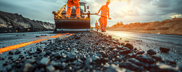 Men in work clothes and hard hats operate roadwork machines, efficiently conducting road tarmac. Capturing the industrious efforts of road construction workers and the machinery involved in roadworks.