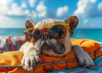 Pug-perfect relaxation! A laid-back pug, sporting sunglasses, basks in beach serenity under a blue sky with fluffy clouds and the soothing expanse of the sea. A picture-perfect seaside chill session.