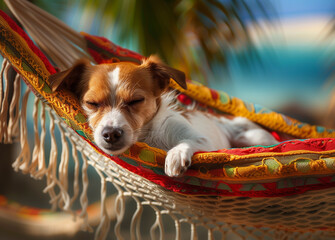 Sandy siesta! A Jack Russell, peacefully dozing on a beach hammock, captures the essence of canine relaxation. This seaside nap is a picturesque moment of tranquility and sun-soaked dreams.
