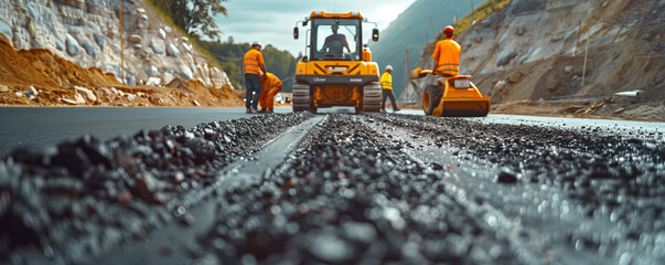 Men in work clothes and hard hats operate roadwork machines, efficiently conducting road tarmac. Capturing the industrious efforts of road construction workers and the machinery involved in roadworks.