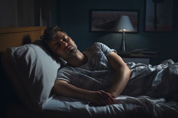 Obraz premium Sleep deprived man. Snooze bed stress. Fictional person. Generate Ai