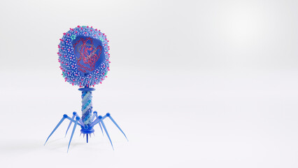 A Bacteriophage with DNA inside. In genetic engineering a genetically modified virus can be used for gene therapy or vaccinations. 3d conceptual illustration. - obrazy, fototapety, plakaty
