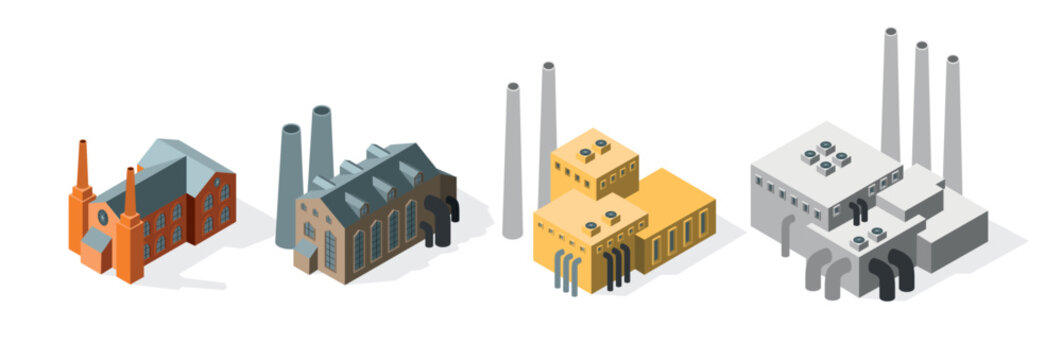 Isometric Industrial plant old factory collection of set of isometric manufactures and factories buildings vector illustration 