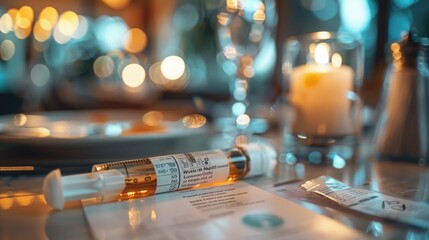 A close-up shot of an epinephrine auto-injector on a table, with a blurred background of a dining setting. This image illustrates the critical aspect of being prepared for an allergic reaction.