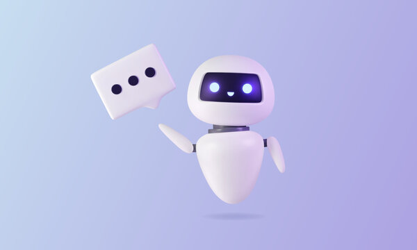 3D robot with speech bubble. Friendly artificial intelligence character. Neural network chat bot, AI servers technology. Online communication, virtual support assistance. Vector illustration