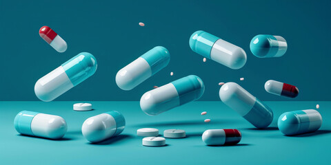 blue and white capsules and pills falling on  blue background