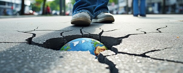 Earth Day. Planet mother earth globe. Sidewalk cracks with growing pants - obrazy, fototapety, plakaty