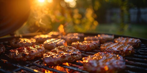 Summer barbecue: Flames dance as meat sizzles on the grill, creating delicious, smoky flavors outdoors.
