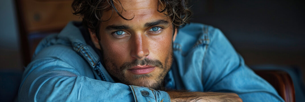 A handsome young man exudes confidence and style in a casual portrait against a dark background.