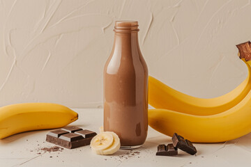 mockup bottle of brown smoothie with fresh banana and chocolate near placed on a light table, minimalism, beige background with copy space for packaging. Concept healthy food, vegan drink.