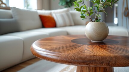 Modern living room interior with  sofa and wooden coffee table, closeup