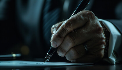 CEO's hand firmly gripping a fountain pen