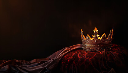  king's golden crown illuminated atop a velvet cushion