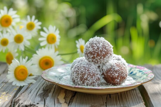 Chokladbollar sprinkled with coconut lie on an antique plate on wooden table against the background of the forest, wild flowers. Traditional Swedish dessert. Concept health snacking, vegan desserts