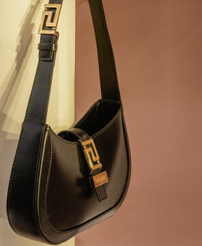 Black leather Hobo shoulder bag from Versace's greca goddes line.Milan - Italy,01 February 2024