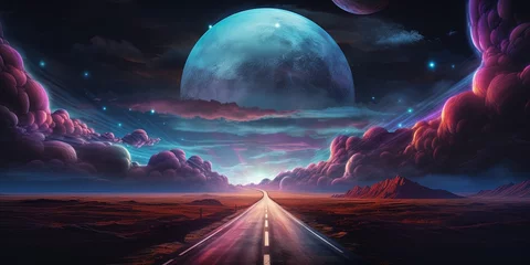 Tuinposter Vibrant digital landscape featuring a neon-lit road under a tremendous full moon and surreal sky © Coosh448