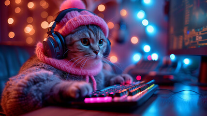 Cute Streamer Cat In Gaming Room Studio. Cat playing online video games and streaming during tournament.