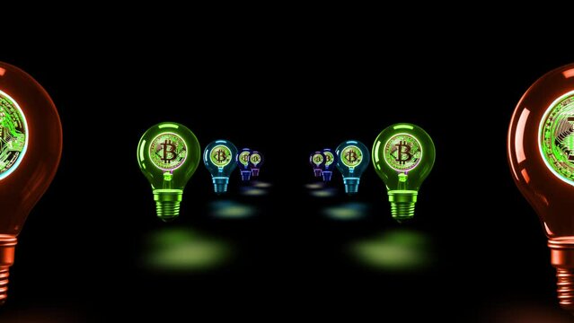 Futuristic High Technology Bitcoin With Light Bulb Block Chain Technology Background. Digital  Cryptocurrency Bitcoin Animation Background, Cryptocurrency Bitcoin Light Bulb Idea Concept, Innovation