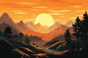 Mountains landscape at sunset vector illustration vector illustration. Generative AI - obrazy, fototapety, plakaty